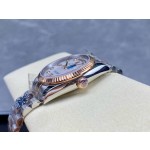 Sunday Calendar series women's watch, mother-of-pearl dial, rose gold bezel, 36mm, two-tone President-style bracelet.